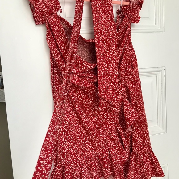 Red Off Shoulder Tie Front Cutout Shirred Back Bardot Ruffle Hem Dress - Picture 9 of 13